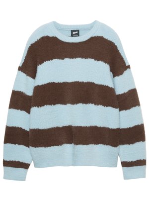 Blau und braun gestreifter, kurz geschnittener Pullover aus flauschigem Material mit rundem Ausschnitt. Weiche Textur mit kräftigen horizontalen Streifen.