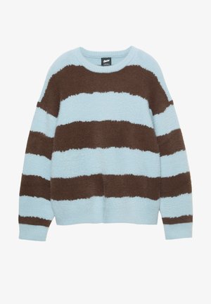 Blau und braun gestreifter, kurz geschnittener Pullover aus flauschigem Material mit rundem Ausschnitt. Weiche Textur mit kräftigen horizontalen Streifen.