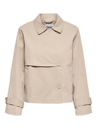Beige cropped trenchcoat met een brede kraag, dubbele rij knopen en verstelbare riemmanchetten aan de lange mouwen.