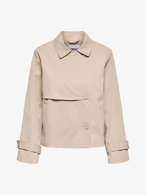 Beige värinen lyhyt trenssitakki, jossa leveä kaulus, kaksiriviset napit ja säädettävät hihansuut pitkissä hihoissa.