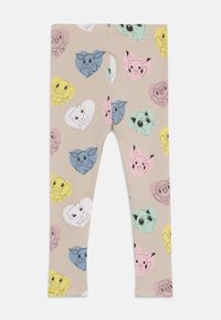 Leggins v svetlo bež barvi z pastelno obarvanimi risanimi obrazi različnih bitij razporejenimi v oblike srca. Narejeni so iz raztegljive, rebraste tkanine.