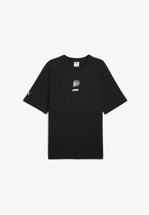 Black short-sleeve T-shirt made of cotton, featuring a graphic print of a racing helmet and logo on the front and a small logo on the sleeve.