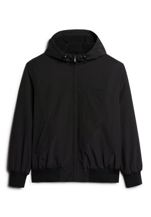 Zwarte hooded jas met een ritssluiting aan de voorkant, elastische manchetten en twee zijzakken. Gemaakt van lichtgewicht materiaal, met een subtiele logo op de borst.