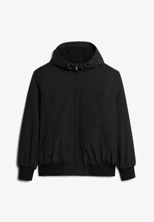 Zwarte hooded jas met een ritssluiting aan de voorkant, elastische manchetten en twee zijzakken. Gemaakt van lichtgewicht materiaal, met een subtiele logo op de borst.
