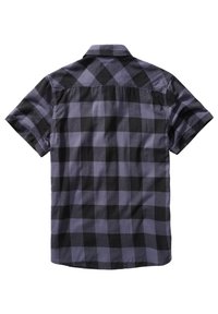Korte mouwen flanellen overhemd in zwart en donkerpaars geruit, met een button-down kraag en een afgeronde zoom, met een gladde stoftextuur.