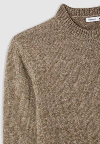 Maglione marrone a maglia con colletto a girocollo rigato, tessuto testurizzato e sottili variazioni di colore, che mostrano un aspetto morbido e caldo.