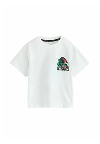 Witte katoenen t-shirt met een ronde hals en korte mouwen. Beschikt over een kleurrijke slang en hart grafiek op de borst. Zachte textuur.