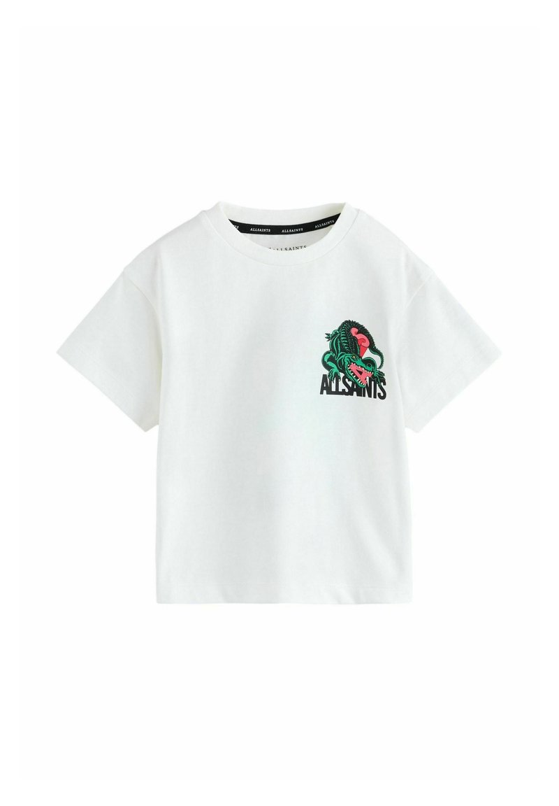 Witte katoenen t-shirt met een ronde hals en korte mouwen. Beschikt over een kleurrijke slang en hart grafiek op de borst. Zachte textuur.