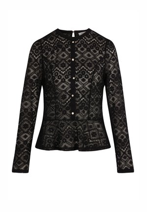 Blouse noire à manches longues en dentelle avec motifs floraux géométriques, col rond, boutons perlés à l'avant, et ourlet peplum.