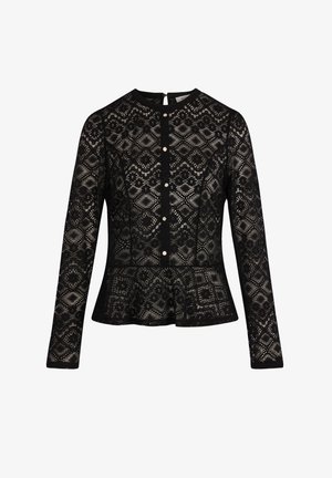 Blouse noire à manches longues en dentelle avec motifs floraux géométriques, col rond, boutons perlés à l'avant, et ourlet peplum.