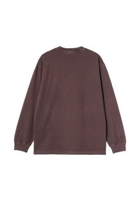 Camisa de algodón marrón de manga larga con un corte holgado. Presenta un cuello redondo, puños de canalé y una textura lisa. Sin diseños ni patrones notables.