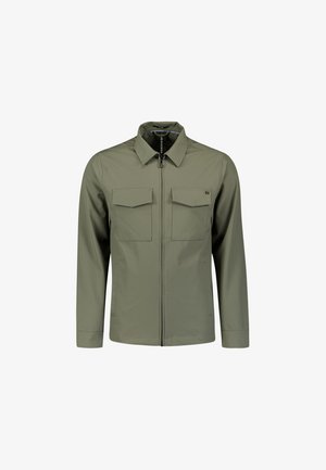 Olivegrüne Jacke mit Reißverschluss vorne, spitzem Kragen und zwei Brusttaschen. Hergestellt aus glattem Stoff mit langen Ärmeln und in regulärer Passform.