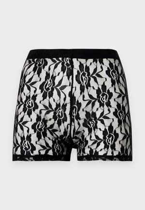 Pantalones cortos de encaje negro con un patrón floral y cintura sólida negra en contraste. Diseño transparente con textura suave, de longitud a mitad del muslo.
