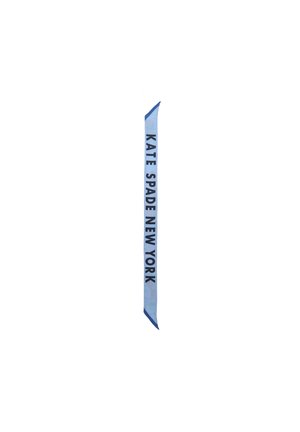 Blue satin ribbon with "KATE SPADE NEW YORK" printed in bold black letters, featuring a smooth texture and pointed ends.