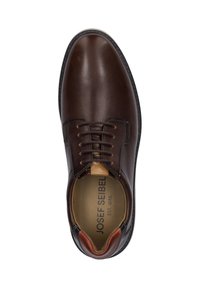 Braunes Lederhalbschuh mit Schnürdesign, runder Zehenform und kontrastierenden, hellbraunen Akzenten. Besitzt eine glatte Textur und ein inneres Logo-Branding.