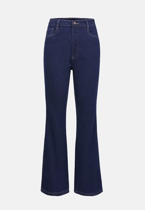 Flared dark blue jeans made of denim, featuring a high waist, front button closure, and contrast stitching. No visible patterns or embellishments.