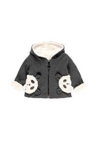 Dunkelgraue Kinderjacke mit Kapuze und weißem Fleecefutter, mit Reißverschluss vorne und Pandagesichtern auf den Fronttaschen.