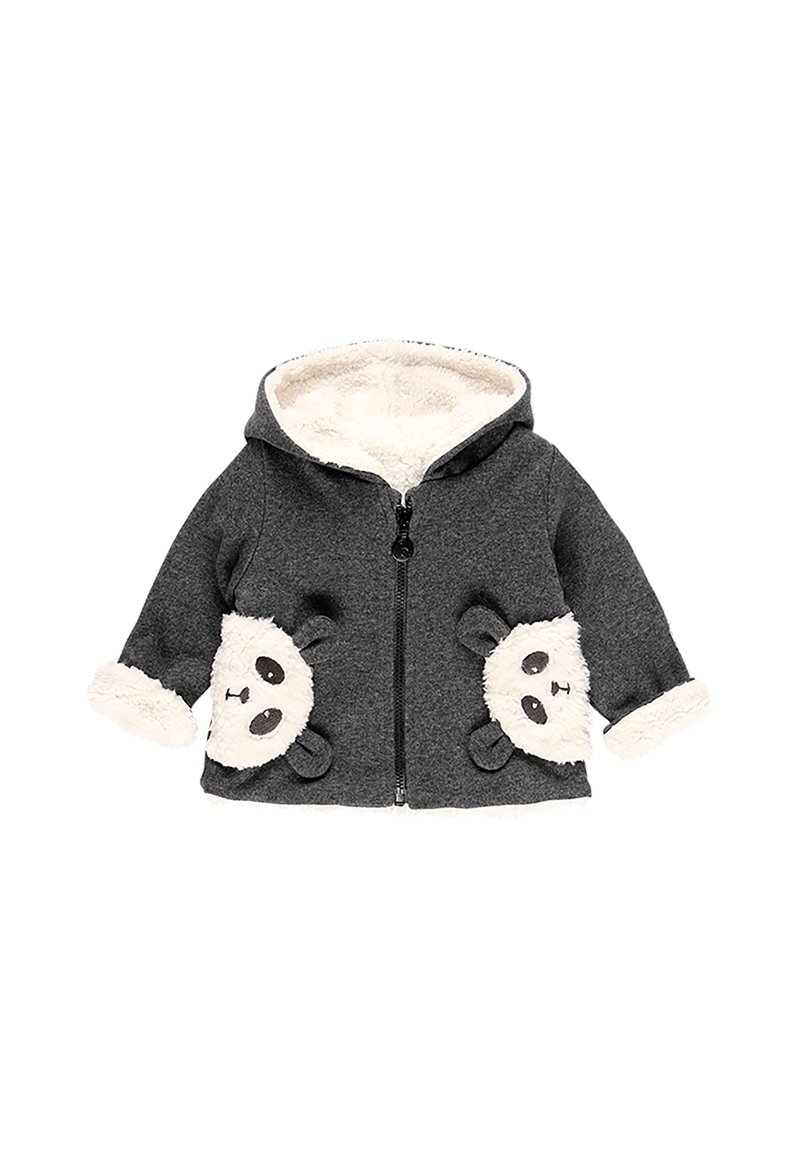 Dunkelgraue Kinderjacke mit Kapuze und weißem Fleecefutter, mit Reißverschluss vorne und Pandagesichtern auf den Fronttaschen.