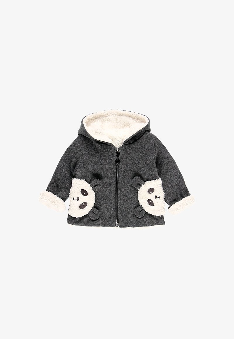 Dunkelgraue Kinderjacke mit Kapuze und weißem Fleecefutter, mit Reißverschluss vorne und Pandagesichtern auf den Fronttaschen.