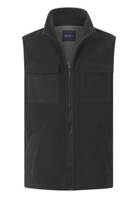 Schwarze Fleece-Weste mit hohem Kragen, Reißverschluss und zwei Fronttaschen. Sie hat eine glatte Textur und ein grundlegendes, ärmelloses Design.