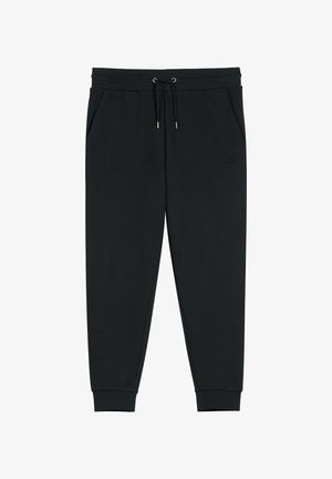 Czarne spodnie dresowe wykonane z miękkiej tkaniny, z elastycznym pasem ze sznurkiem, bocznymi kieszeniami i ściągaczami na dole nogawek. Logo z przodu.