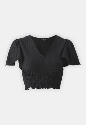 Schwarzes Cropped-Top mit kurzen Puffärmeln, V-Ausschnitt und strukturiertem Stoff. Verfügt über einen gerafften Taillenbund und einen Rüschensaum.