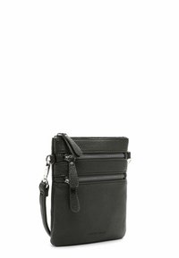 Green leather crossbody bag with two zippered compartments, a textured finish, and an adjustable strap. Features sleek hardware accents.