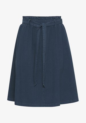 Dark blue denim skirt with an elastic waistband, adjustable tie belt, and flared shape. Features clean stitching and a knee-length hem.
