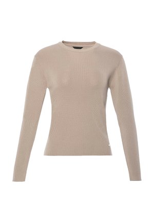 Maglione a costine beige a maniche lunghe con scollo rotondo e vestibilità slim. Presenta un piccolo logo sul lato inferiore. Texture morbida.