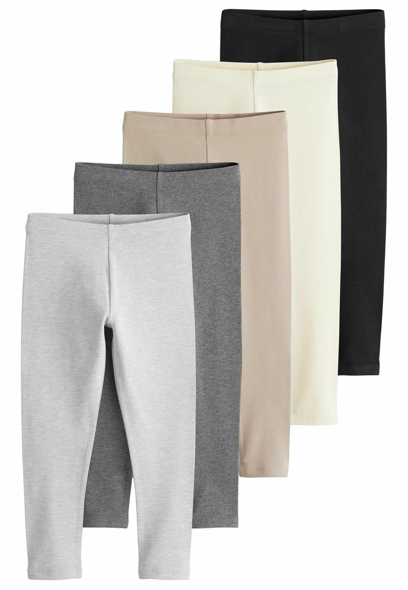 Cinq paires de leggings présentées dans un agencement vertical. Les couleurs incluent le gris, le gris foncé, le beige, la crème claire et le noir. Tissu extensible.