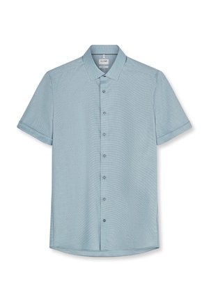 Camicia azzurro chiaro a maniche corte con bottoni, polsini piegati e colletto classico, mostrata su sfondo bianco.