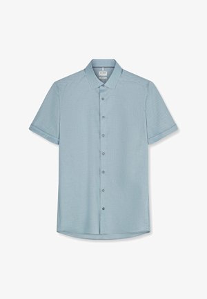 Camicia azzurro chiaro a maniche corte con bottoni, polsini piegati e colletto classico, mostrata su sfondo bianco.