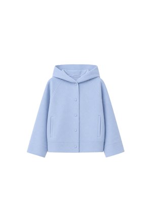 Giacca con cappuccio azzurro chiaro con chiusura a scatto, maniche lunghe e due tasche laterali verticali, mostrata su sfondo bianco.