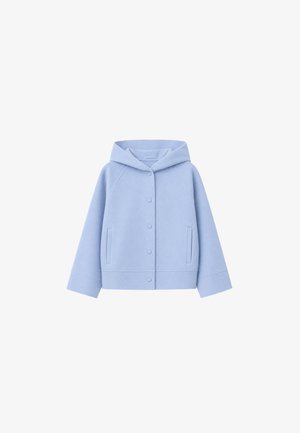 Giacca con cappuccio azzurro chiaro con chiusura a scatto, maniche lunghe e due tasche laterali verticali, mostrata su sfondo bianco.