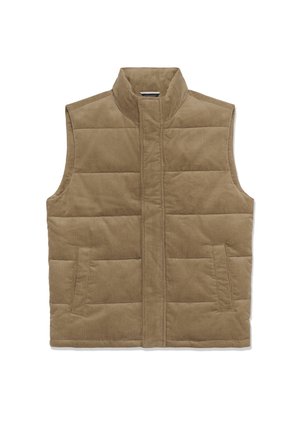 Gilet en velours côtelé marron avec un col haut, un matelassage horizontal, deux poches avant et une fermeture éclair intégrale.