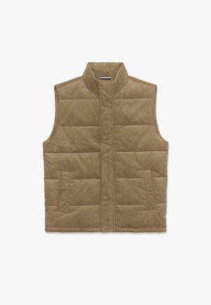 Brūns korduroja žakets ar augstu apkakli, horizontālu quilting, divām priekšējām kabatām un pilnu rāvējslēdzēja aizdari.