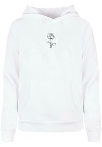 Hvid hoodie med en forlommer, prydet med et sort linje-tegnet rosedesign på brystet og med en snor i hætten. Blød tekstur.