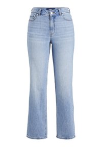 Jeans alta vita azzurri chiari realizzati in denim, con una vestibilità dritta, design classico a cinque tasche e chiusura con bottone.