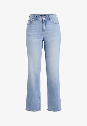 Svijetloplave traperice viskog struka, izrađene od denima, s ravnim nogavicama, klasičnim dizajnom pet džepova i zatvaranjem na gumbi.