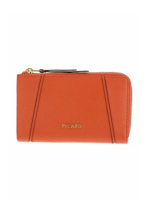 Portefeuille texturé orange avec ferrures dorées, équipé d'une fermeture éclair et d'accents de design triangulaires. Le nom de la marque "PICARD" est embossé en or.