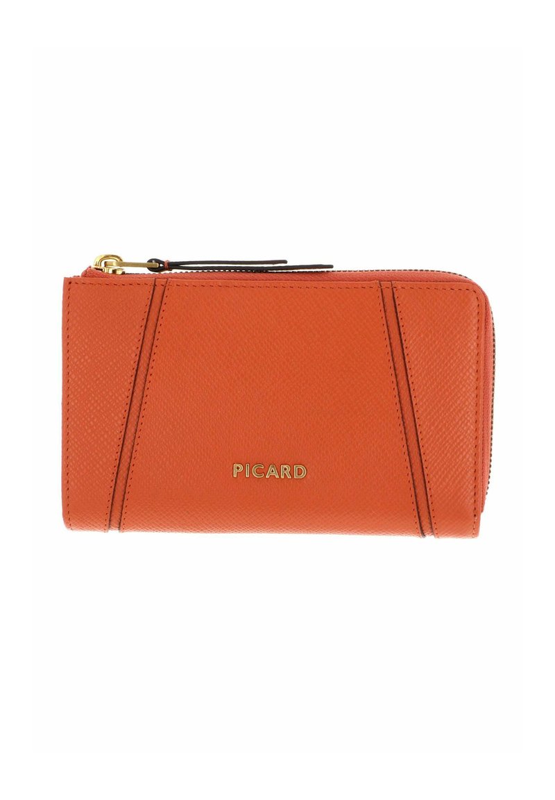 Portefeuille texturé orange avec ferrures dorées, équipé d'une fermeture éclair et d'accents de design triangulaires. Le nom de la marque "PICARD" est embossé en or.