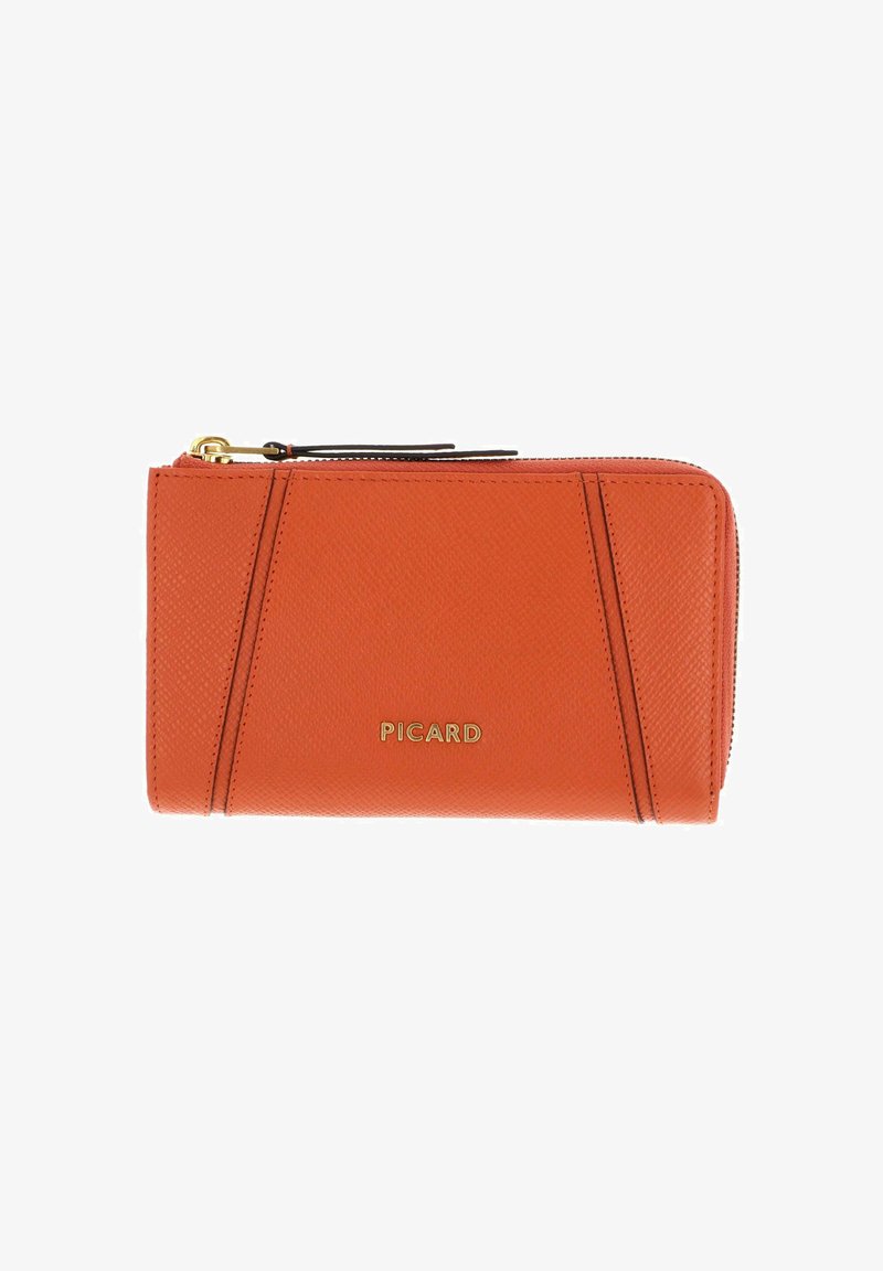 Portefeuille texturé orange avec ferrures dorées, équipé d'une fermeture éclair et d'accents de design triangulaires. Le nom de la marque "PICARD" est embossé en or.