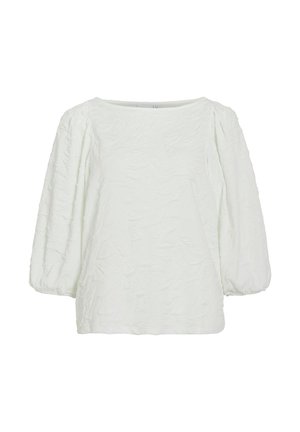 Hvid struktureret bluse med firkantet udskæring og puffede ærmer. Stoffet er let krøllet, hvilket giver et blødt, let udseende.