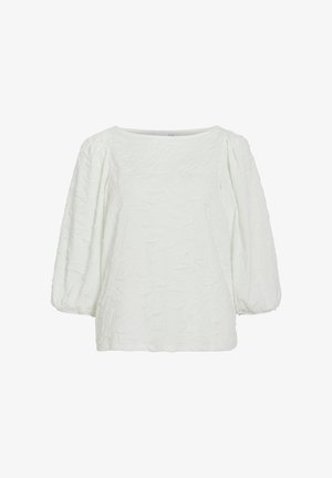 Hvid struktureret bluse med firkantet udskæring og puffede ærmer. Stoffet er let krøllet, hvilket giver et blødt, let udseende.