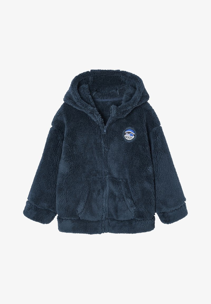 Veste à capuche en peluche bleu foncé avec fermeture éclair à l'avant, poche kangourou et écusson rond "Nordic" sur le côté gauche de la poitrine.