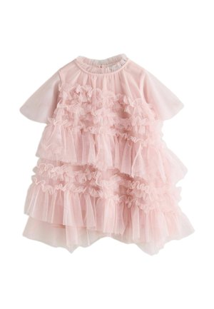 Rosa Tüllkleid mit Lagen von gerafftem Stoff, einem abgerundeten Ausschnitt und kurzen Ärmeln. Leicht und strukturiert mit transparentem Design.