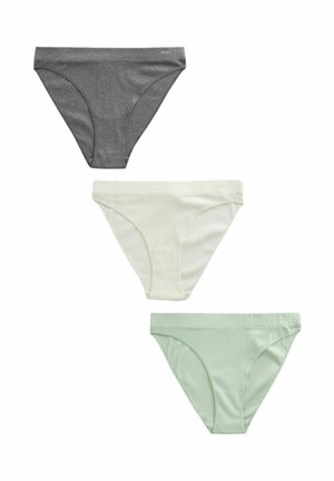 Drie paar katoenen damesonderbroeken: donkergrijs, lichtgroen en crèmekleur. Elke broek heeft een gladde textuur en een standaard snit.