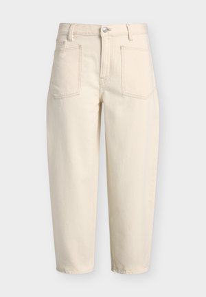 Μπεζ παντελόνια με ψηλόμεση μέση, εμπρόσθιες τσέπες με καπάκι, θηλιές για ζώνη, κούμπωμα με κουμπιά και ίσια γραμμή στο πόδι.