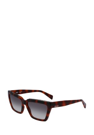 Brown tortoiseshell sunglasses with a square design, gradient grey lenses, and textured accents on the frame. Brand: LIU-JO.