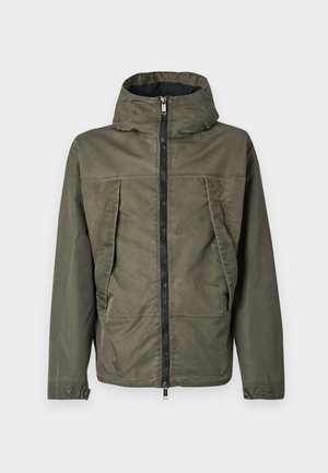 Olive green jacket with a zippered front, a hood, and side pockets. Fabric appears textured with a matte finish and reinforced stitching.